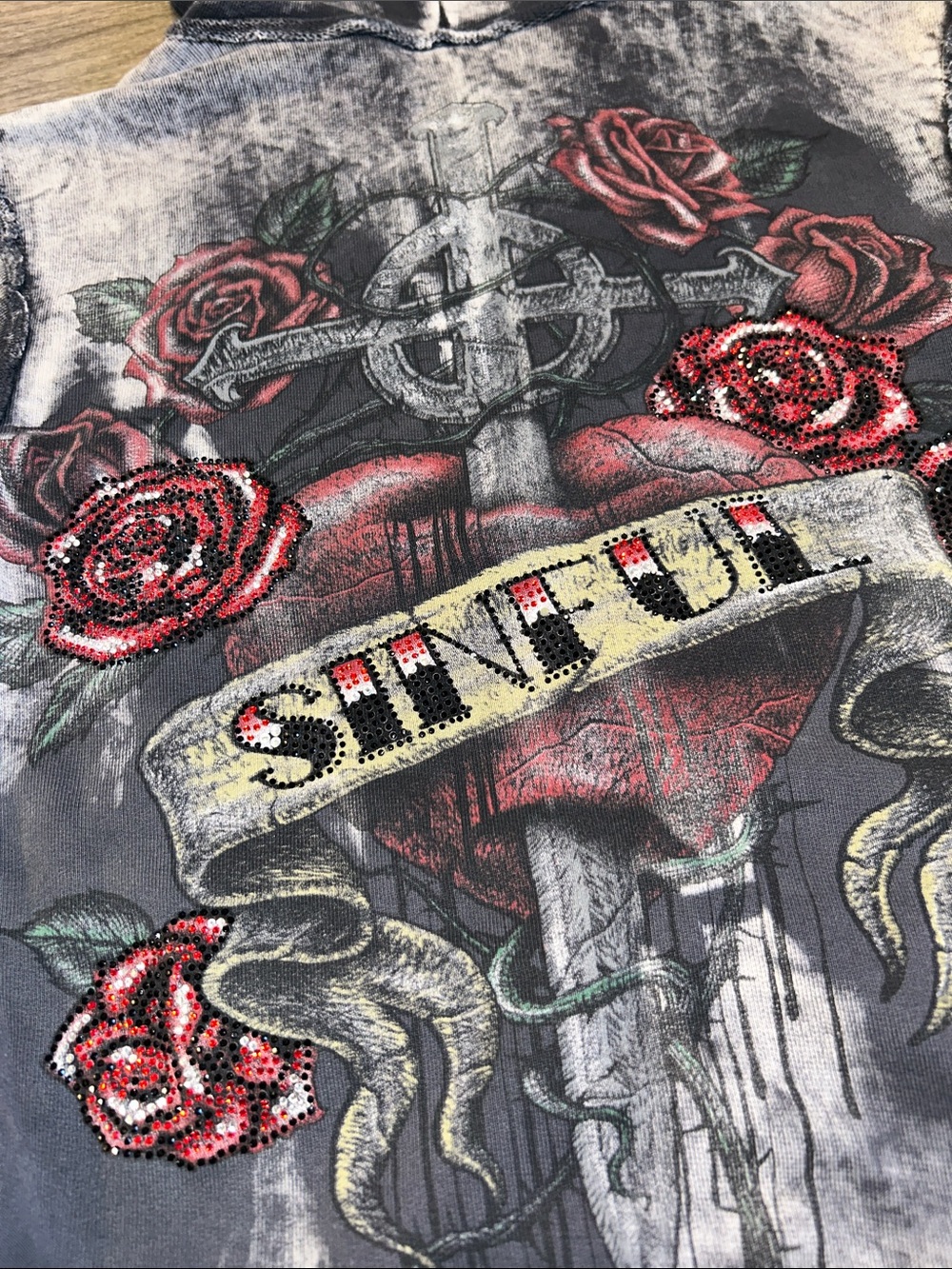 Sinful Rhinestone Heart Rose Zip Hoodie Medium Distressed Y2K Gothic Grunge - Picture 2 of 10